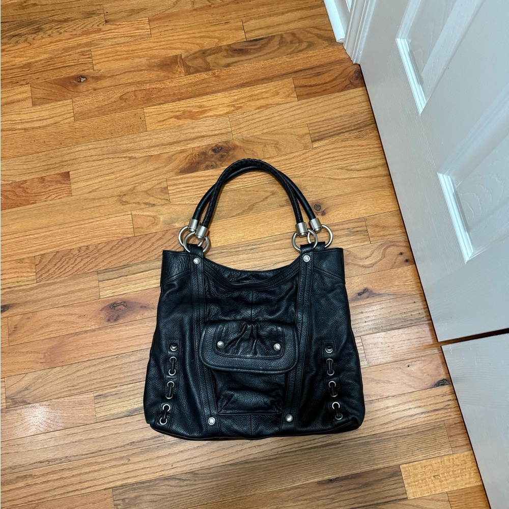 B. Makowsky Black Shoulder Bag with Silver Hardware